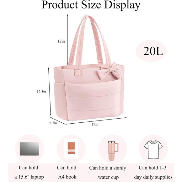 Versatile Pink Puffer Tote Bag for Work, Travel & Gym - 15.6" Laptop Fit - Picture 2 of 7